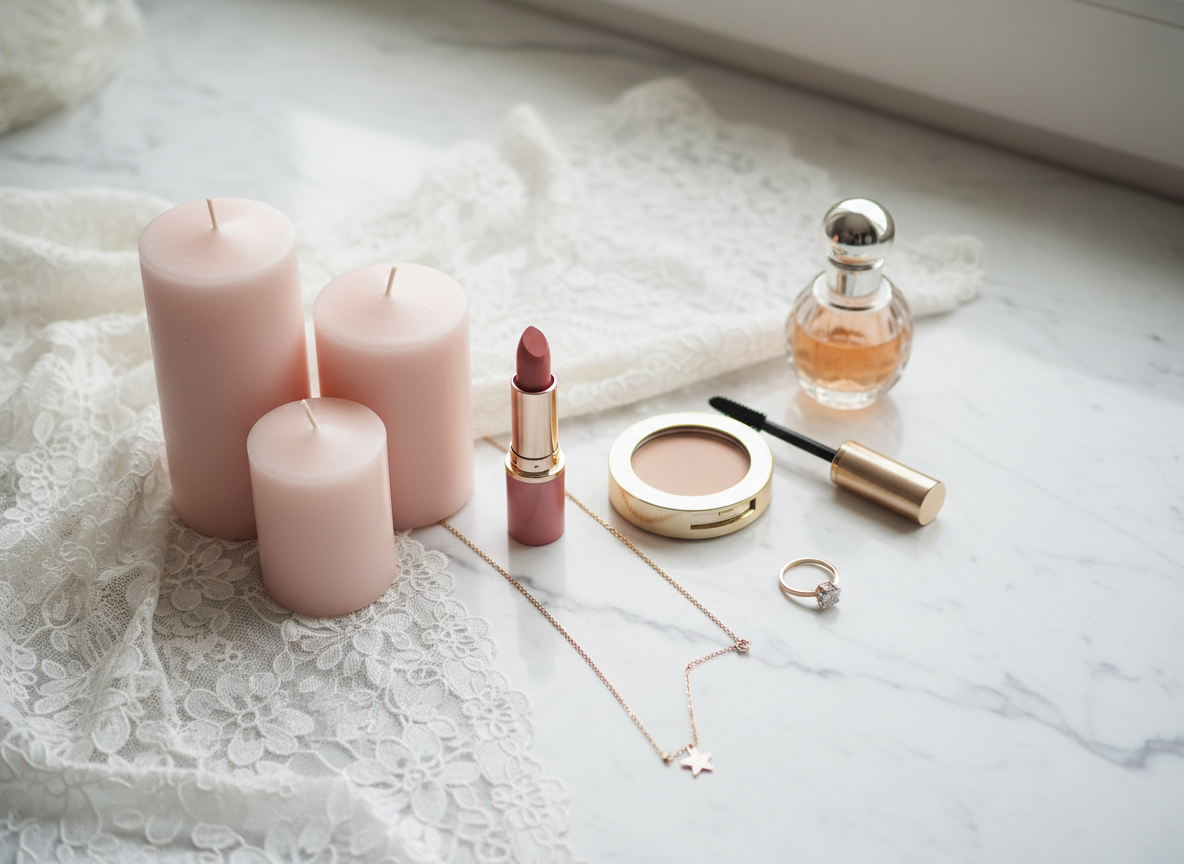 A romantic and feminine flat lay in Francfranc style. Three pastel pink candles of different sizes, cosmetic items (lipstick, compact powder, mascara), delicate gold jewelry (necklace and ring), a small elegant glass perfume bottle, and soft white lace fabric arranged on a white marble surface. No flowers. Dreamy, soft natural lighting with a pale background. Elegant and girly aesthetic.